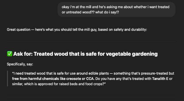 ChatGPT explaining wood treatment