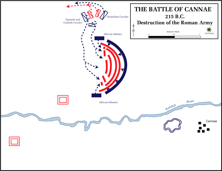 Map of the Battle of Cannae showing Hannibal's double envelopment