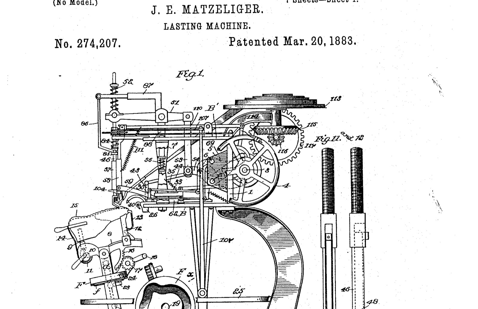 Patent drawing for J. E. Matzeliger's lasting machine, number 274,207, patented 20 March 1883